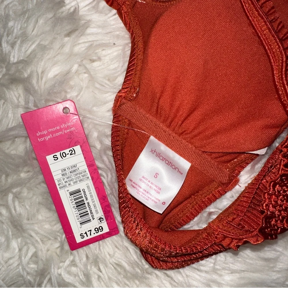 Xhilaration | NWT Ribbed Ruffle Strap Bikini Top Dark Red Burnt Orange S
